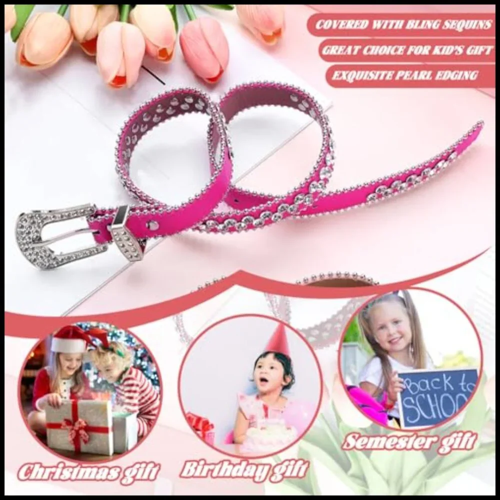 2 Pcs Kids Rhinestone Belt Girls Western Cowboy Belt with Bling Diamond Studded